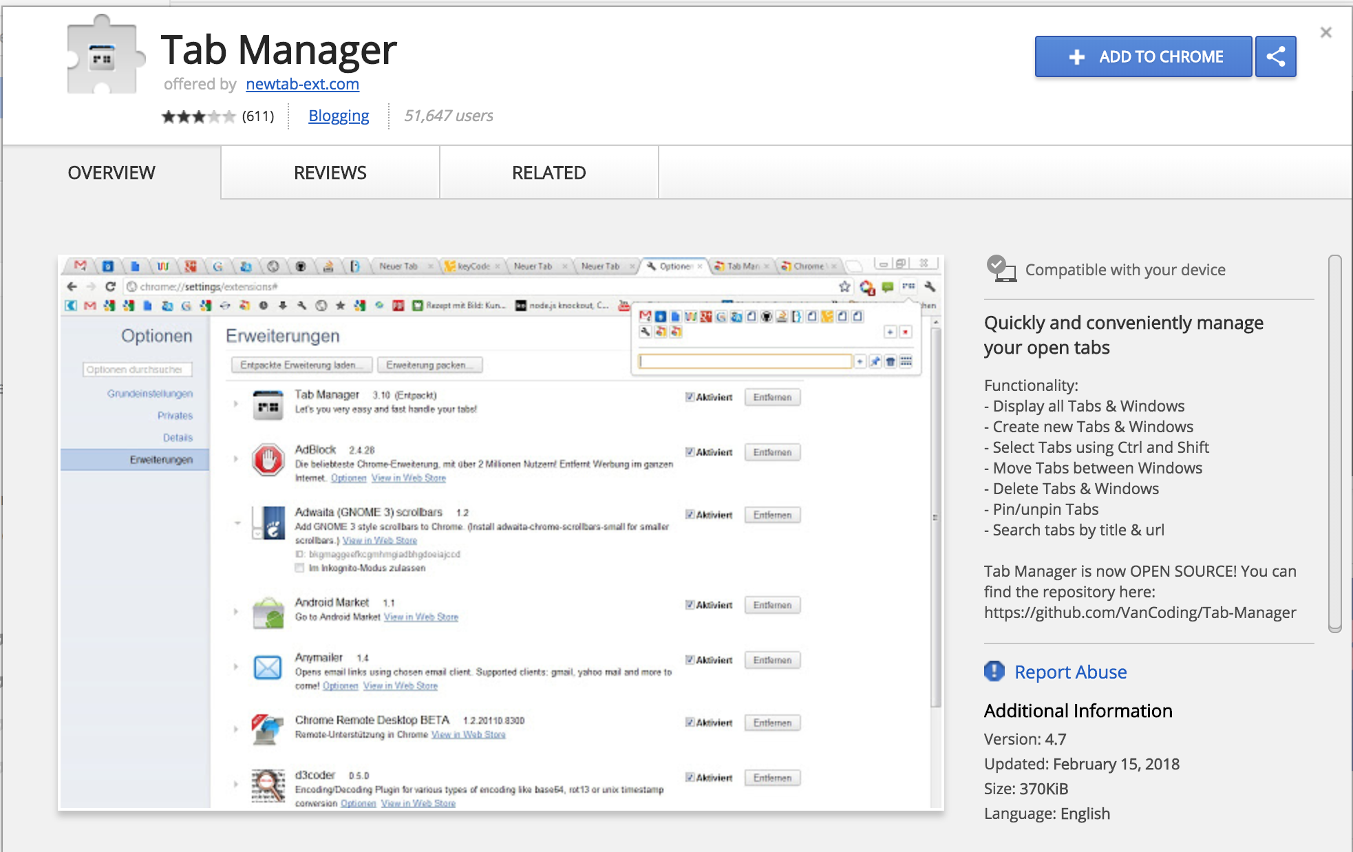 Tab Manager extension screenshot on web store